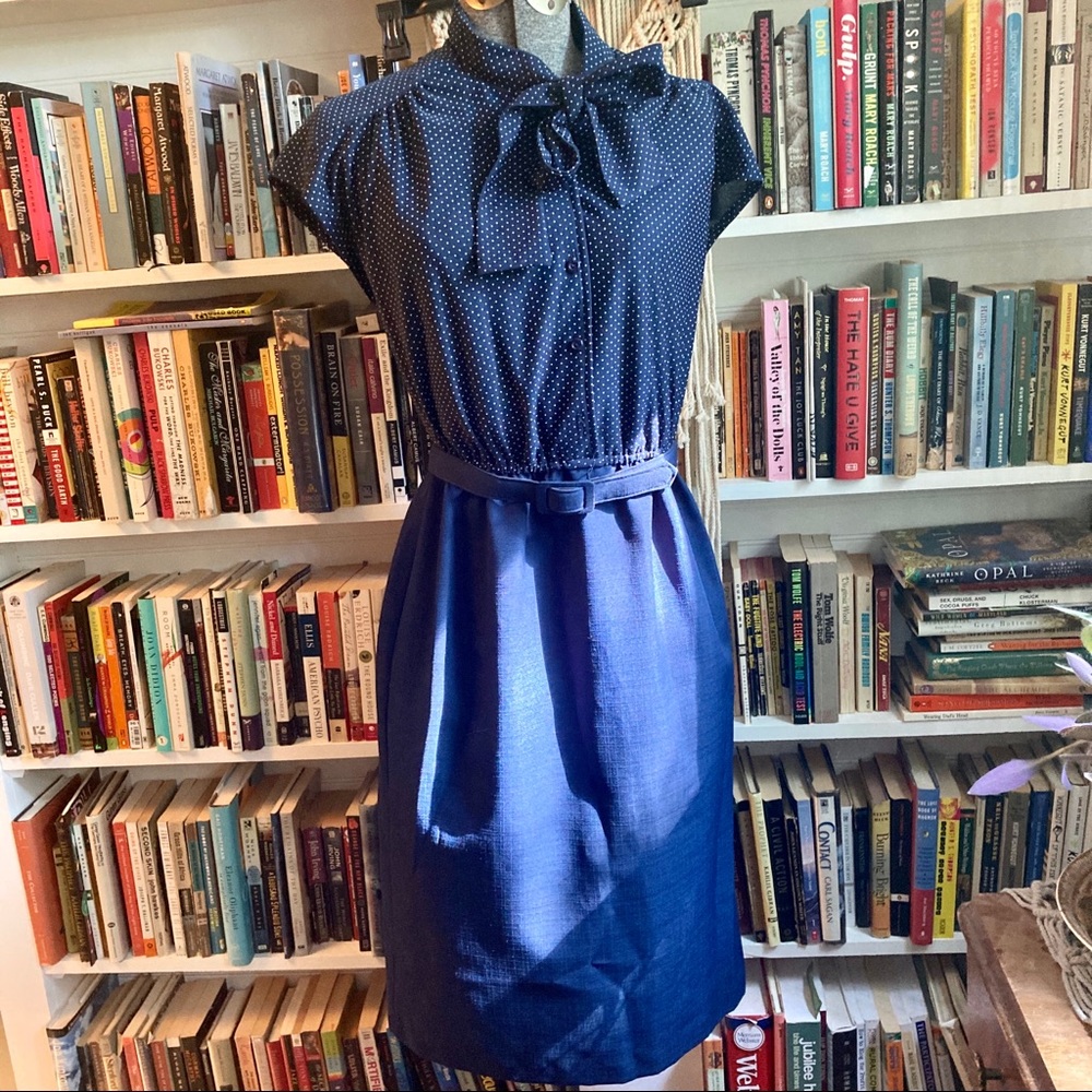 Vintage Navy Blue Polka Dot Tie Neck Belted Dress